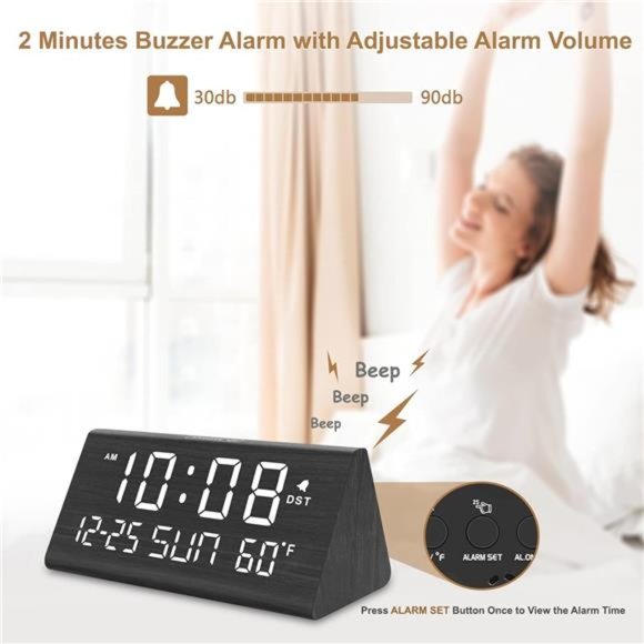 Digital Alarm Clocks for Bedrooms - Wooden Electric Clock with USB Ports, Date - Picture 2 of 6